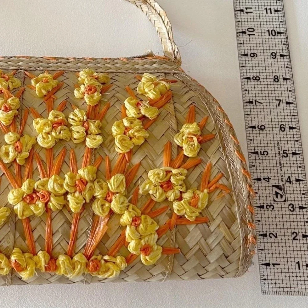 Vtg Woven Straw Handbag‎ Top Handle Orange Yellow Raffia Floral Boho Purse